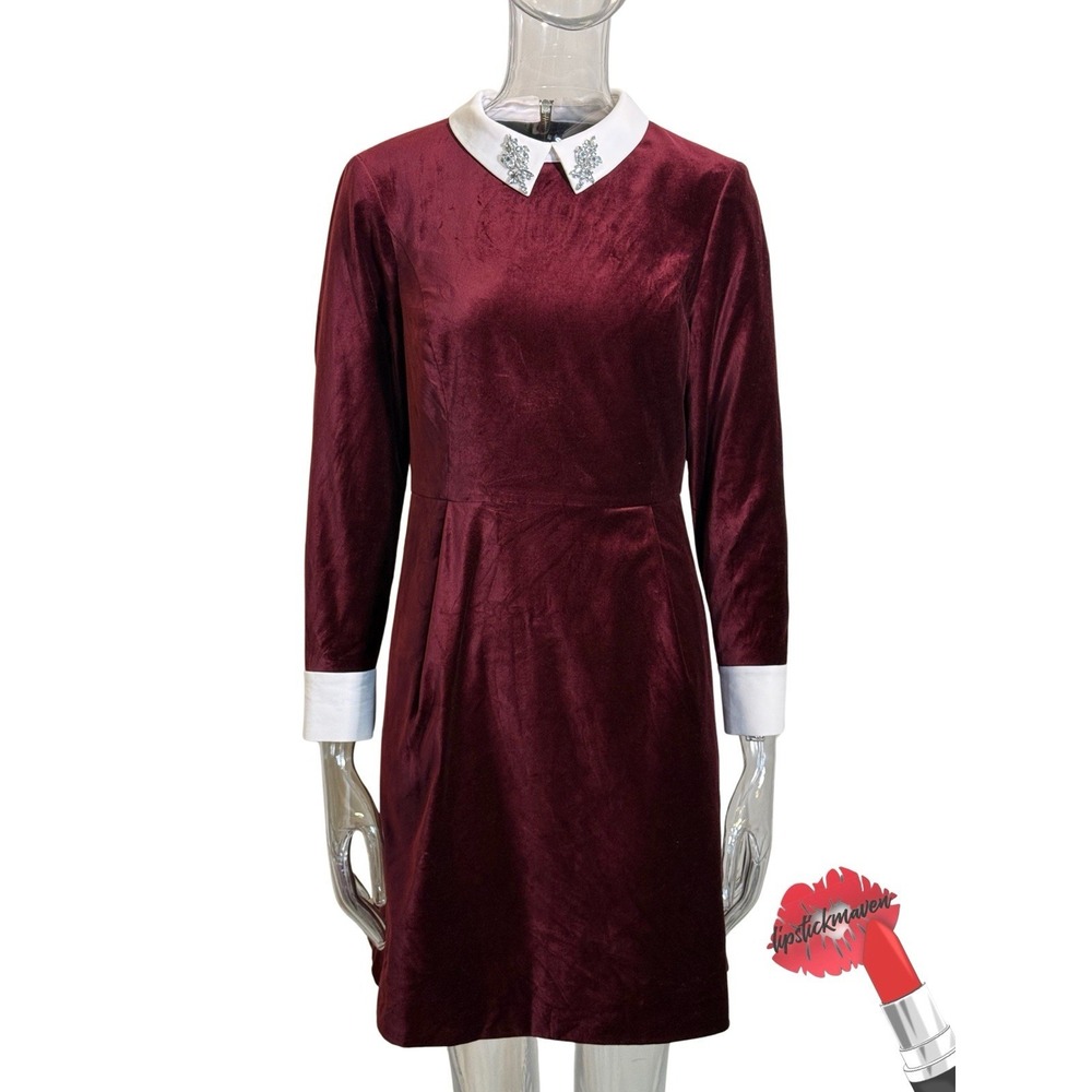 Ted Baker Cheryl Dress Womens Size 3 Burgundy Crushed Velvet Embellished‎ Collar